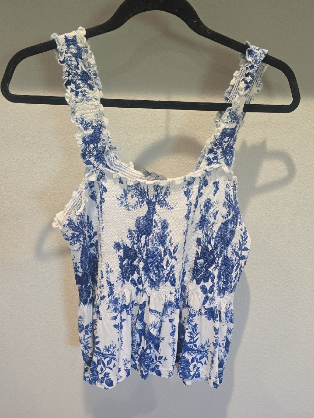Blue and White Floral Smocked Tank Top